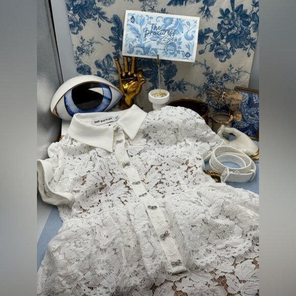 🆕 SELF-PORTRAIT 🧿 NWOT White Lace Peplum Belted Midi Dress, Sz UK 10 US 6 - Picture 13 of 16